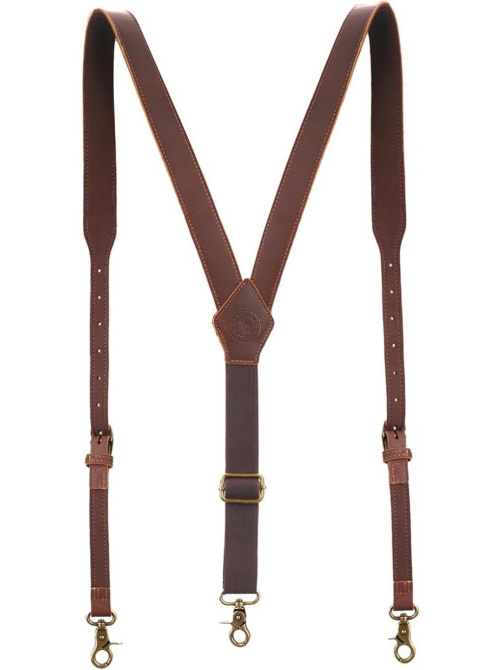 Heavy Duty Y-Back Leather Suspenders for Men, Adjustable Straps, 3 Metal Clips